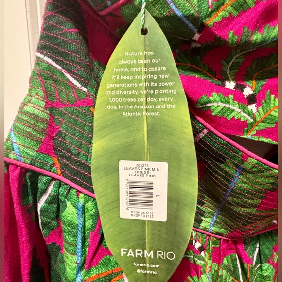 NEW With Tags- FARM Rio- Leaves Pink Mini Dress- sz L - Picture 3 of 8